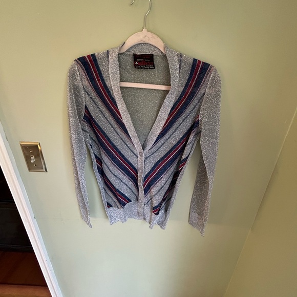 Vintage lurex cardigan Renee Tener for Outlander. Silver w/multi stripe. 70s XS - Picture 13 of 14